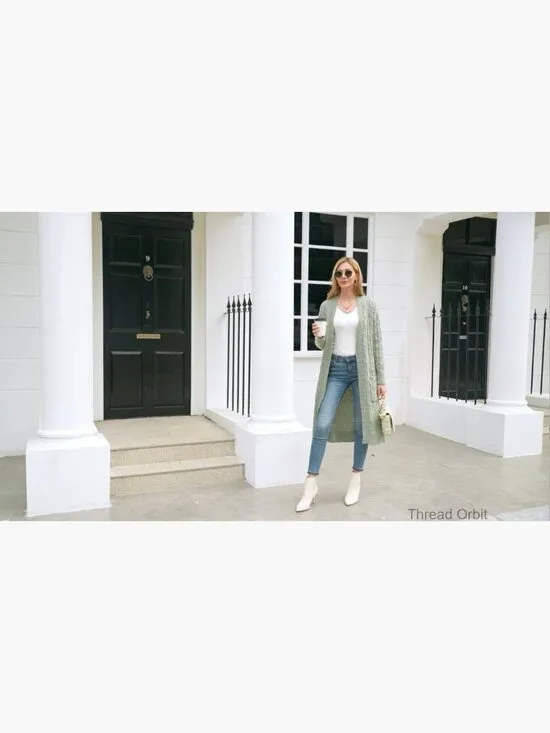 Long Cable Knit Cardigan Sweater with Pockets Open Front Loose Fit - Picture 6 of 7